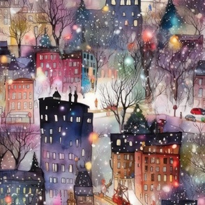 Large New York City Christmas Street Watercolor 