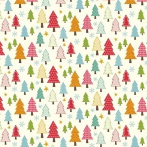 Whimsical Patterned Trees in Retro Color Palette with Snowflakes on Cream Small Scale