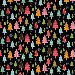 Whimsical Patterned Trees in Retro Color Palette with Snowflakes on Black Small Scale