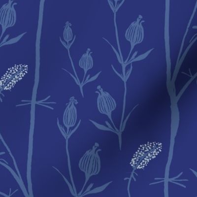 Indigo block print marsh grass and poppy seedpods in Blue