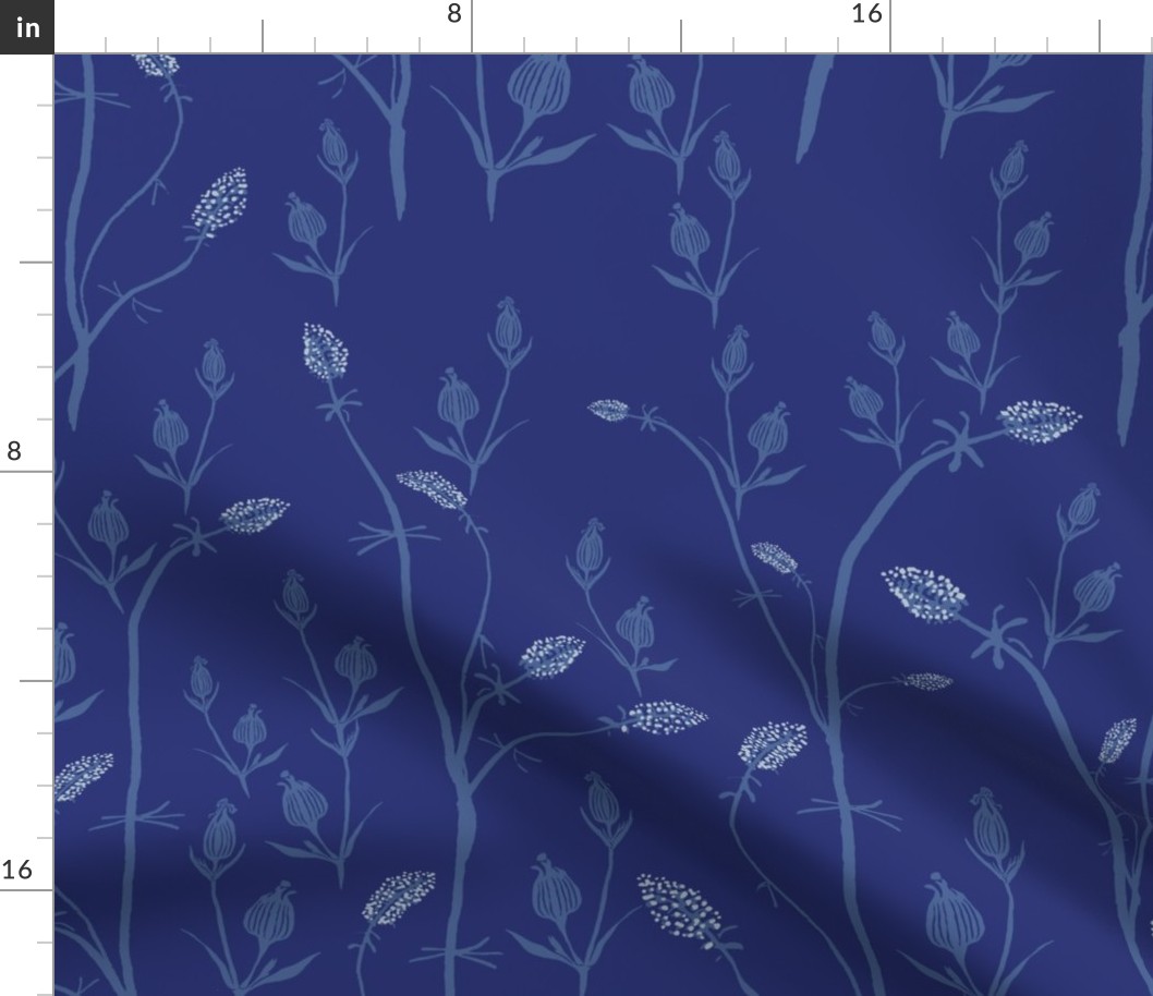 Indigo block print marsh grass and poppy seedpods in Blue