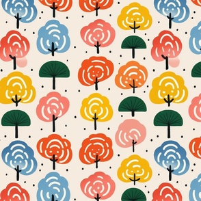 A Surface Design of Bright And Colorful Flowers and Household and Rainbows and Abstract Shapes on a White Background_051