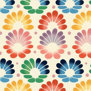 A Surface Design of Bright And Colorful Flowers and Household and Rainbows and Abstract Shapes on a White Background_094