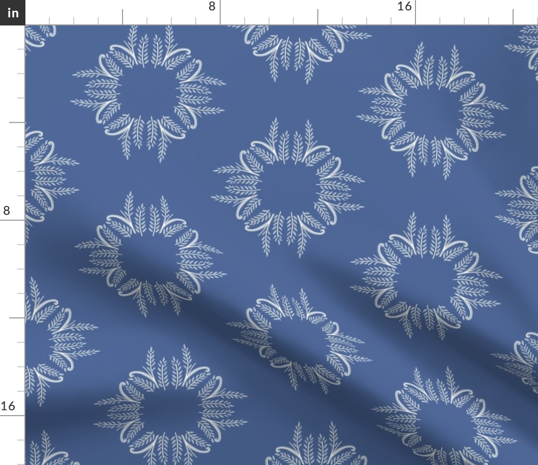 Indigo block print botanical Sunbursts Arabesque in cornflower blue & white