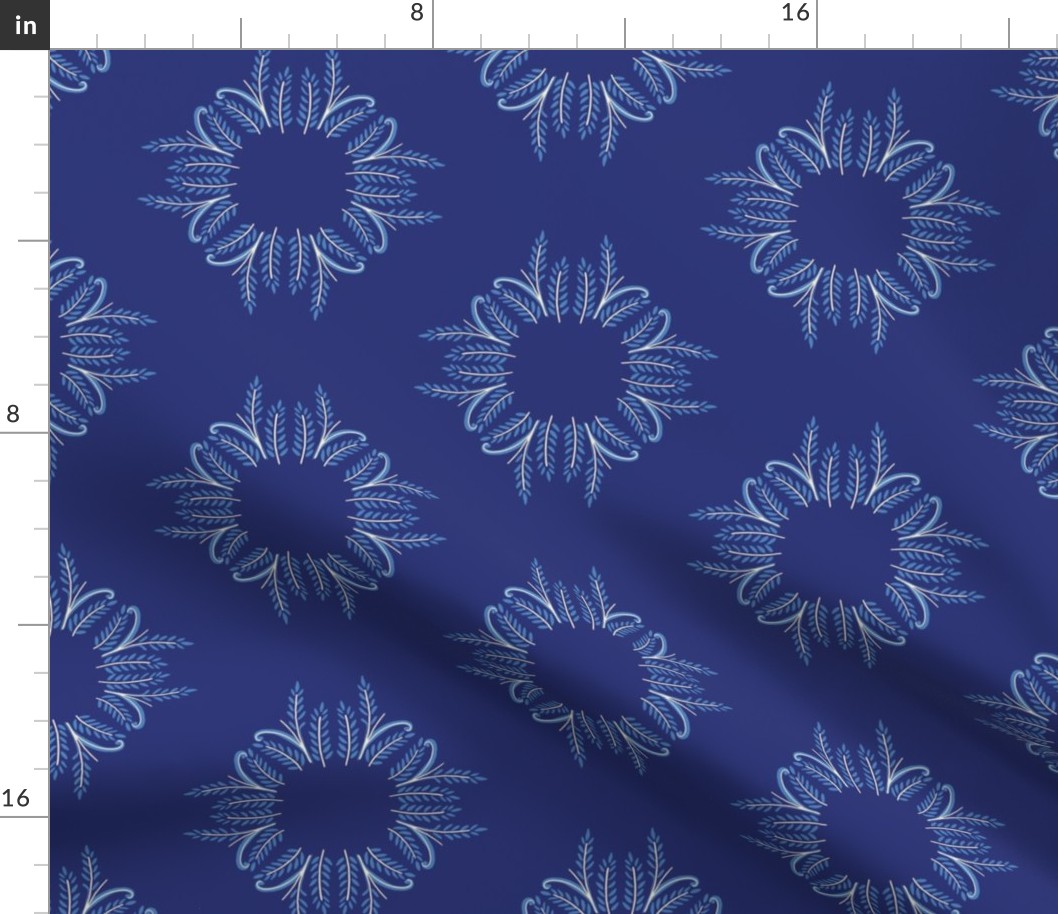Indigo block print botanical Sunbursts Arabesque in royal blue 