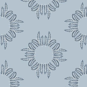 Indigo block print botanical Sunbursts Arabesque in  blue gray and charcoal