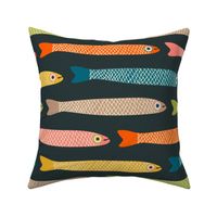 ANCHOVIES Retro Swimming Fish - Horizontal Layout - Vintage Orange Yellow Pink Blue Green Beige on Charcoal  - LARGE Scale - UnBlink Studio by Jackie Tahara