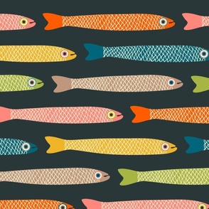 ANCHOVIES Retro Swimming Fish - Horizontal Layout - Vintage Orange Yellow Pink Blue Green Beige on Charcoal  - LARGE Scale - UnBlink Studio by Jackie Tahara