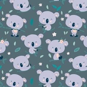 Baby Koala Bears Kids Fabric - Dark Teal Grey Green Background