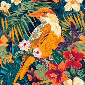 a surface design of bright and tropical birds and plants_136