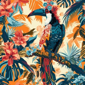 a surface design of bright and tropical birds and plants_140