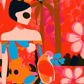 And abstract fashion illustration of a woman in a tropical print dress with a bird and a graphic red background with flowers