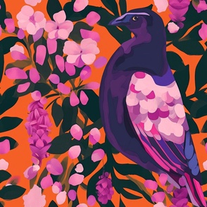 A painted illustration of a purple tropical bird with warm colors and pink and purple in a tropical paradise.