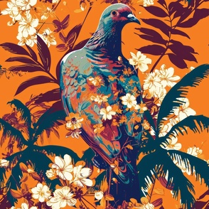 A painted illustration of a multicolor bird with warm colors in a tropical paradise on an orange background