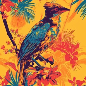 A painted illustration of a turquoise tropical bird with warm colors in a  warm tropical paradise on a yellow background 16 in fabric