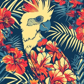 A funny tropical bird wearing a tropical print shirt on a blue and red tropical landscape.