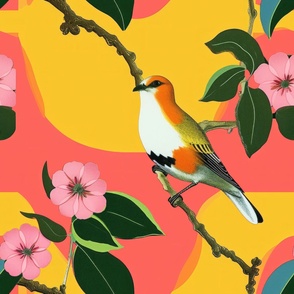 A painted illustration of a cute  white and pink tropical bird on a branch with warm colors in an abstract tropical paradise with a yellow and pink background..