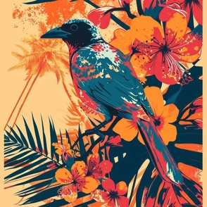 A painted illustration of a turquoise tropical bird with warm colors in a tropical paradise. 16in fabric