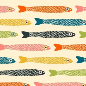ANCHOVIES Retro Swimming Fish - Horizontal Layout - Vintage Orange Yellow Pink Blue Green Charcoal on Cream - LARGE Scale - UnBlink Studio by Jackie Tahara
