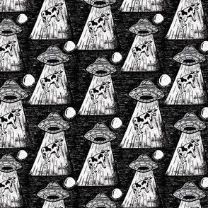 UFO Alien Cow Abduction; Whimsical Lino Block Design-Black and white Small Print