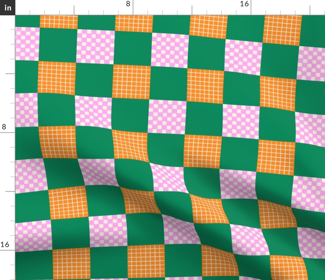 QUIRKY CHECKERBOARD | 9" | Fun checkers pattern in emerald green, bubblegum pink and tangerine orange