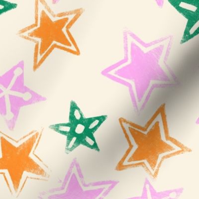 Playful Scattered Stars: Chalk-Like Texture in Tangerine Orange, Emerald Green, and Bubblegum Pink on Cream Fabric