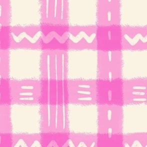Candy Cotton Delight: Playful Crayon Gingham in Bubblegum Pink with Quirky Block Print Texture