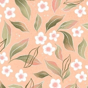 Medium | Scattered small white flowers and leaves on peach fuzz orange background 