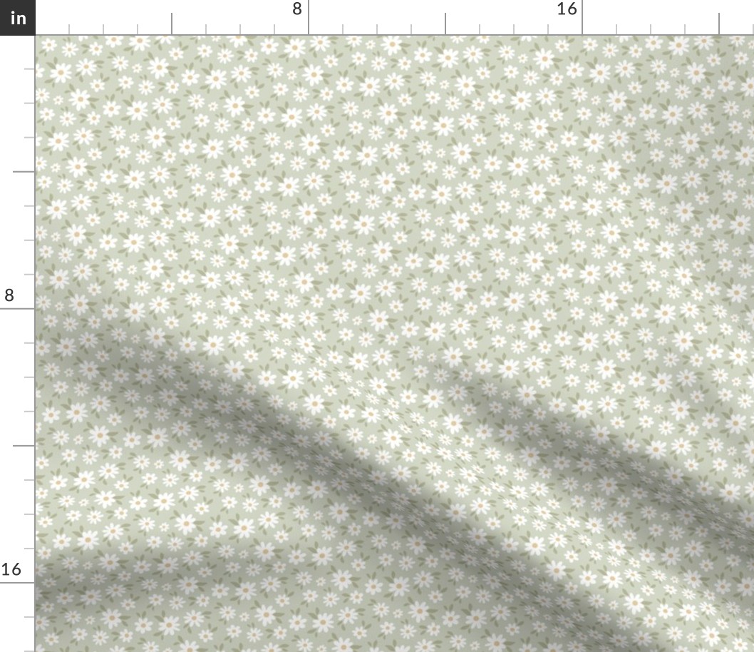 Micro White Daisy Pattern on Eucalypt Green