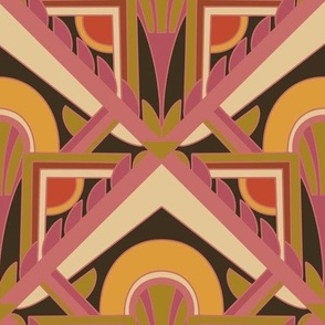 Larger Scale // Geometric Abstract Art Deco in Pink, Cream, Turmeric Yellow, Red & Green on Black