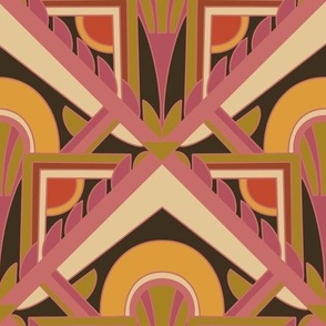 Large Scale // Geometric Abstract Art Deco in Pink, Cream, Turmeric Yellow, Red & Green on Black