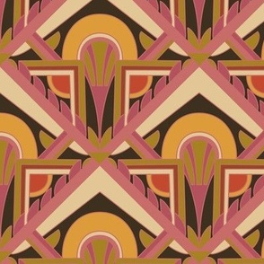 Medium Scale // Geometric Abstract Art Deco in Pink, Cream, Turmeric Yellow, Red & Green on Black