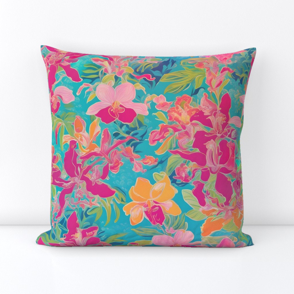 Hot pink and yellow chinoiserie orchids on turquoise