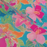 Hot pink and yellow chinoiserie orchids on turquoise