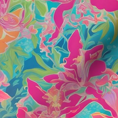 Hot pink and yellow chinoiserie orchids on turquoise