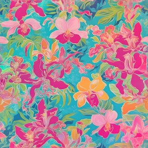 Hot pink and yellow chinoiserie orchids on turquoise