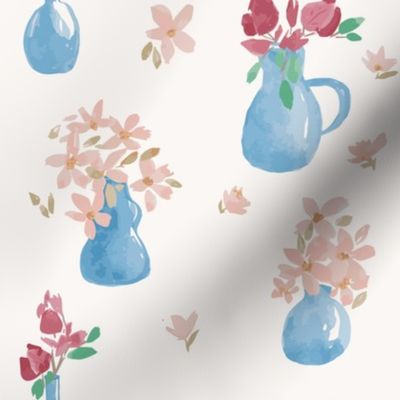 Blue vases with flowers
