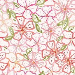 Watercolour summer hibiscus flowers in pinks on cream