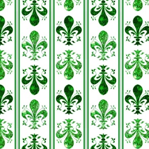4" Airy Stripe Green -- Swirl Fancy Fleur de Lis -- White and Green Fleur de Lis - Green and White Mardi Gras Coordinate - New Orleans Green Faux Glitter, Glitter Print, Simulated Green Glitter Fleur de Lis -- 8.33in x 8.33in repeat -- 150dpi (Full Scale)