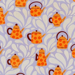 Spotty Teapots: Orange Teapots with polka-dots on a Purple Background (large)