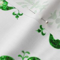 4" Airy French Green -- Swirl Fancy Fleur de Lis -- White and Green Fleur de Lis - Green and White Mardi Gras Coordinate - New Orleans Green Faux Glitter, Glitter Print, Simulated Green Glitter Fleur de Lis -- 8.33in x 8.33in repeat -- 150dpi (Full Scale)