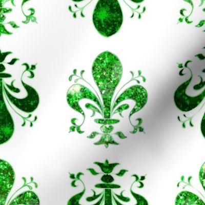 4" Airy French Green -- Swirl Fancy Fleur de Lis -- White and Green Fleur de Lis - Green and White Mardi Gras Coordinate - New Orleans Green Faux Glitter, Glitter Print, Simulated Green Glitter Fleur de Lis -- 8.33in x 8.33in repeat -- 150dpi (Full Scale)