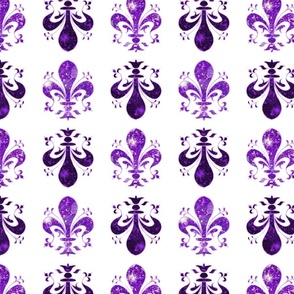 4" Airy French Purple -- Swirl Fancy Fleur de Lis -- White and Purple Fleur de Lis - Purple and White Mardi Gras Coordinate - New Orleans Purple Faux Glitter, Glitter Print, Simulated Glitter Fleur de Lis -- 8.33in x 8.33in repeat -- 150dpi (Full Scale)