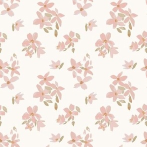 Spring flower blooms in pink and green on cream background