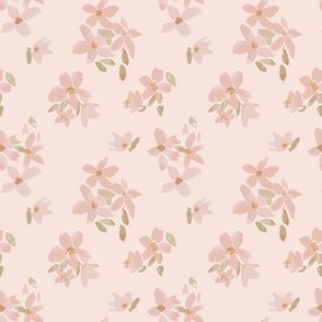Spring flower blooms in pink and green on peach background