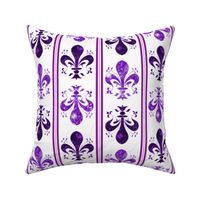 4" Airy Stripe Purple -- Swirl Fancy Fleur de Lis -- White and Purple Fleur de Lis - Purple and White Mardi Gras Coordinate - New Orleans Purple Faux Glitter, Glitter Print, Simulated Glitter Fleur de Lis -- 8.33in x 8.33in repeat -- 150dpi (Full Scale)