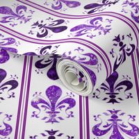 4" Airy Stripe Purple -- Swirl Fancy Fleur de Lis -- White and Purple Fleur de Lis - Purple and White Mardi Gras Coordinate - New Orleans Purple Faux Glitter, Glitter Print, Simulated Glitter Fleur de Lis -- 8.33in x 8.33in repeat -- 150dpi (Full Scale)