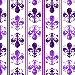 4" Airy Stripe Purple -- Swirl Fancy Fleur de Lis -- White and Purple Fleur de Lis - Purple and White Mardi Gras Coordinate - New Orleans Purple Faux Glitter, Glitter Print, Simulated Glitter Fleur de Lis -- 8.33in x 8.33in repeat -- 150dpi (Full Scale)