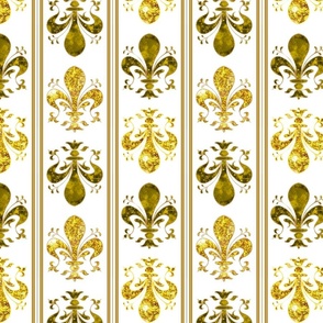 4" Airy Stripe Gold -- Swirl Fancy Fleur de Lis - White and Gold Fleur de Lis - Gold and White Mardi Gras Coordinate - New Orleans Gold -- Faux Glitter, Gold Glitter Print, Simulated Gold Glitter Fleur de Lis - 8.33in x 8.33in repeat - 150dpi (Full Scale)