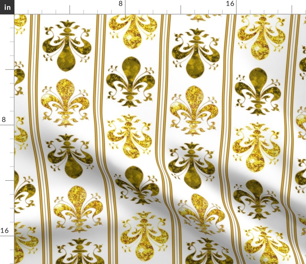 4" Airy Stripe Gold -- Swirl Fancy Fleur de Lis - White and Gold Fleur de Lis - Gold and White Mardi Gras Coordinate - New Orleans Gold -- Faux Glitter, Gold Glitter Print, Simulated Gold Glitter Fleur de Lis - 8.33in x 8.33in repeat - 150dpi (Full Scale)